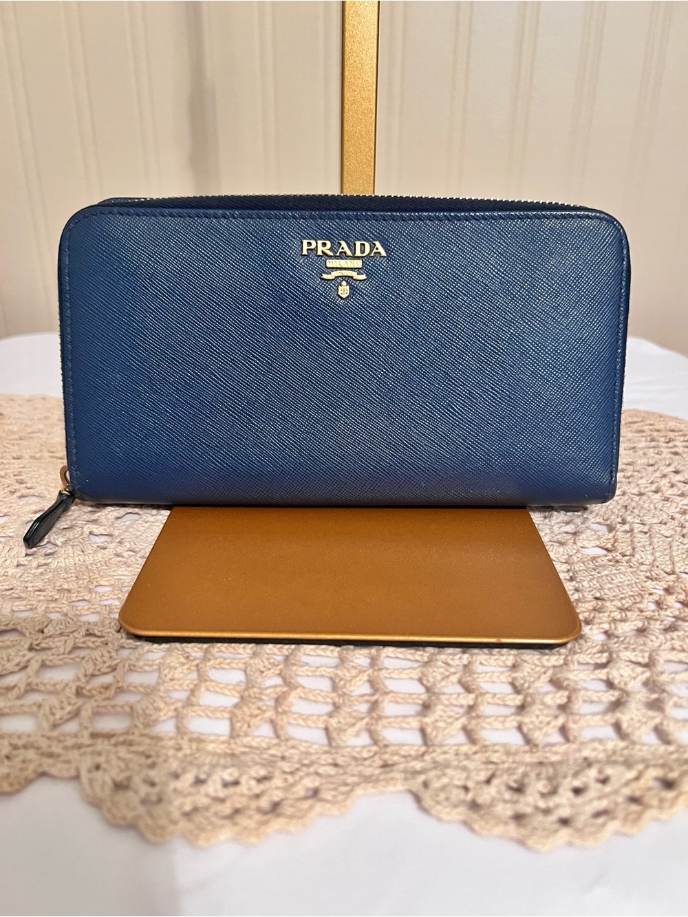 Prada Blue Saffiano Zip Wallet with Gold Logo